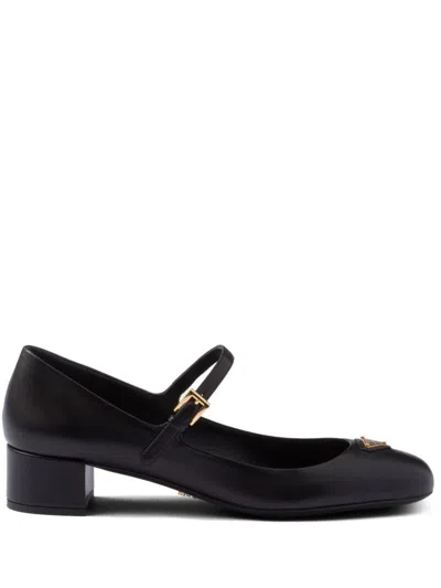 Prada Lamb Leather Block Heel Pumps In Black