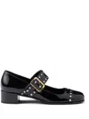 Prada Block Heel Round Toe Patent Finish Studded Detail In Black