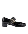 Prada Block Heel Round Toe Patent Finish Studded Detail In Black