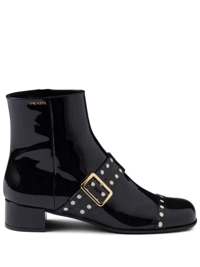 Prada Black Leather Ankle Boots In Animal Print