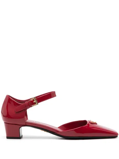 Prada Vernice Patent Ankle-strap Ballerina Pumps In Red
