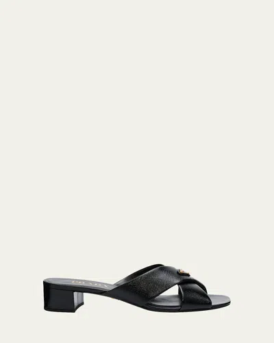 Prada 35mm Triangle Logo Metallic Leather Mule Sandals In Black