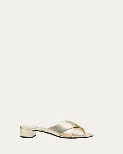 Prada 35mm Triangle Logo Metallic Leather Mule Sandals In Gold