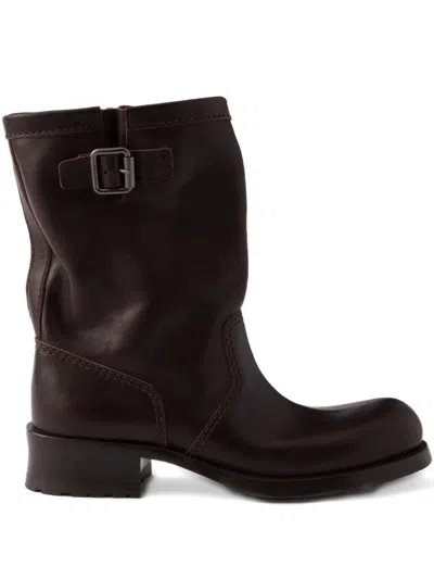 Prada 40mm Logo-buckle Leather Boots In Brown