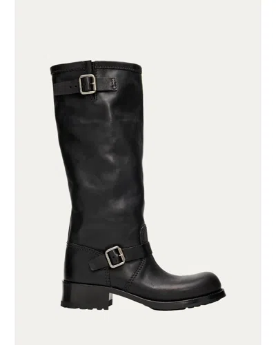 Prada 40mm Shard Leather Knee-high Moto Boots In Black