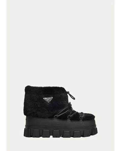 Prada 40mm Triangle Logo Shearling Lace-up Snow Boots In Black
