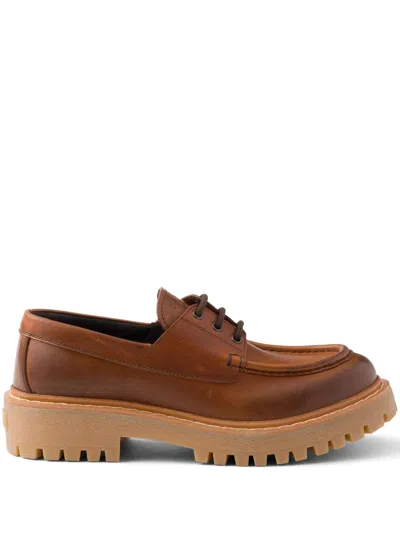 Prada 45mm Lace Up Leather Loafers In Brown