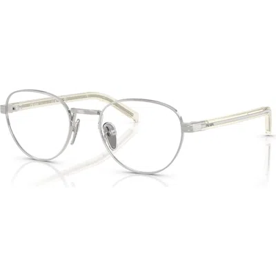 Prada 49mm Round Optical Glasses In Metallic