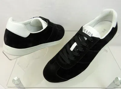 Pre-owned Prada 4e3466 Black Suede White Leather Logo Lace Up Low Top Sneakers 9.5 Us 10.5