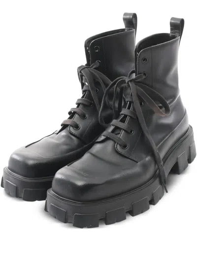 Pre-owned Prada 50mm Lace-up Lug-sole Combat Boots In Black