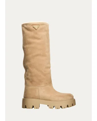 Prada 50mm Stride Suede Knee-high Boots In Brown