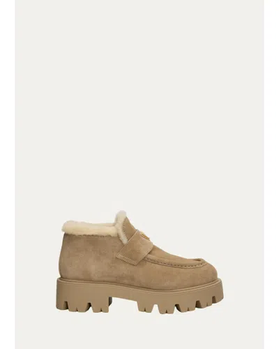 Prada 50mm Triangle Logo Shearling-lined Suede Loafers In Brown