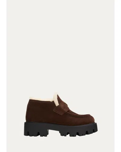 Prada 50mm Triangle Logo Shearling-lined Suede Loafers In Brown