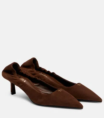 Prada 55 Logo Suede Pumps In Brown