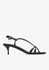 Prada Capretto Strappy Leather Sandals With Triangle Logo Charm In Black