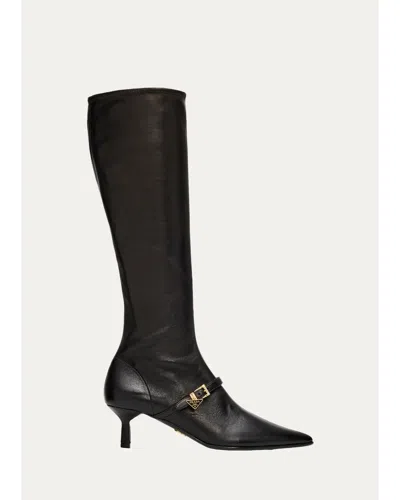 Prada 55mm Leather Knee-high Buckle Boots In Black