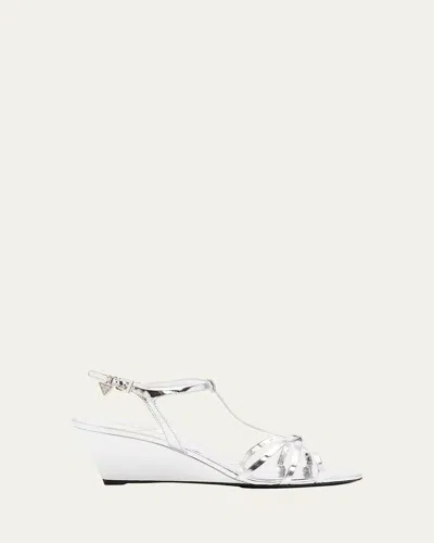 Prada 55mm Metallic Leather Wedge Sandals In White