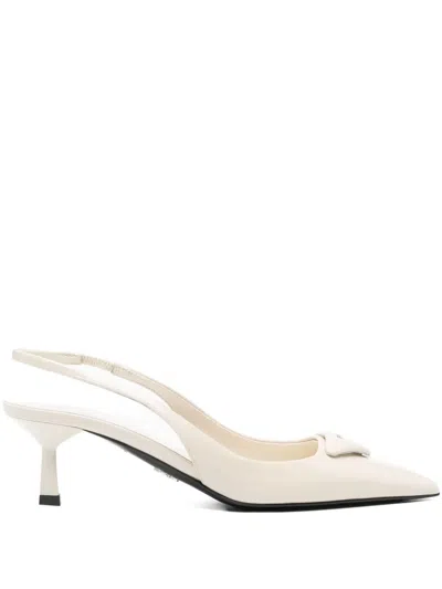 Pre-owned Prada 55mm Patent-leather Slingback Pumps In White