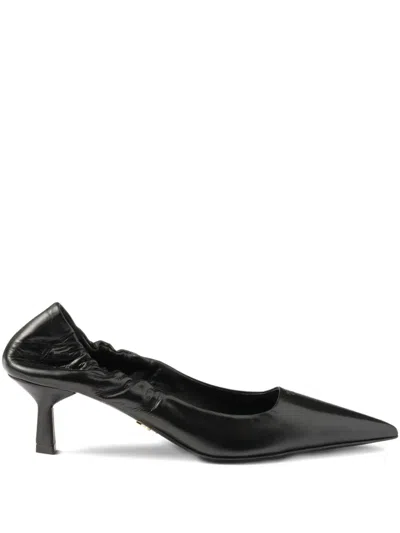 Prada 55mm Ruched-effect Pointed-toe Leather Pumps In Black