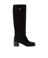 Prada Suede Block-heel Knee Boots In Black