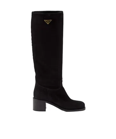 Prada Suede Block-heel Knee Boots In Black