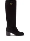 Prada Logo Suede Knee-high Boot In Black