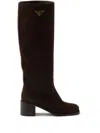 Prada Suede Block-heel Knee Boots In Brown