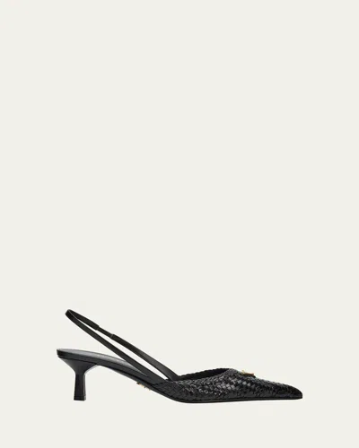 Prada 55mm Triangle Logo Woven Leather Slingback Pumps In Black