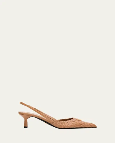 Prada 55mm Triangle Logo Woven Leather Slingback Pumps In Sand