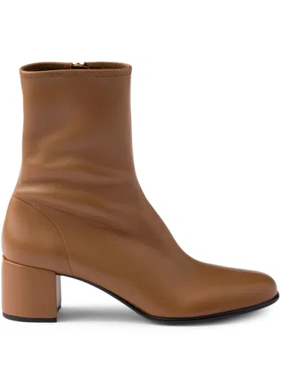 Prada 55mm Zip-up Block-heel Boots In Brown