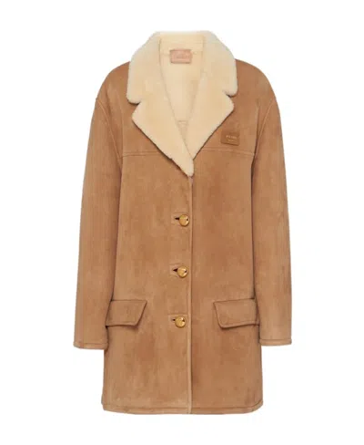 Prada Shearling-trim Suede Coat In Brown