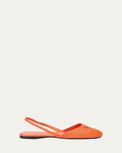 Prada 5mm Raffia Slingback Flats In Orange