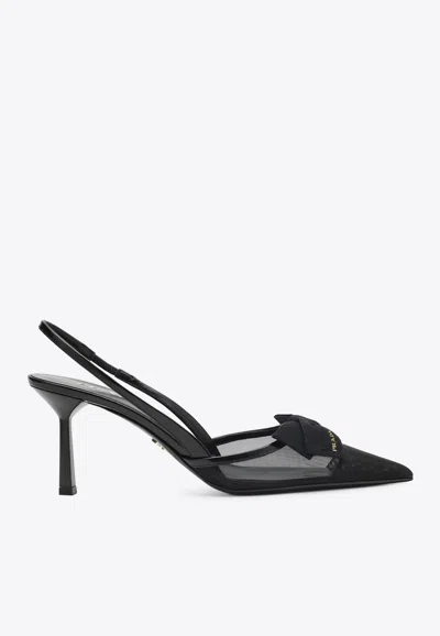 Prada Mesh Slingback Pumps Featuring Bow Detail In Black