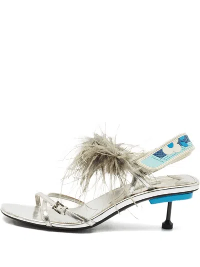 Pre-owned Prada 60mm Feather-embellished Sandals In Silver