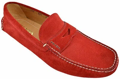 Pre-owned Prada $650  Red Suede Driving Moccasins Casual Loafers Men's Shoes Collection