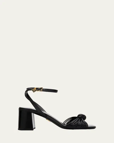 Prada 65mm Knotted Leather Block-heel Sandals In Black