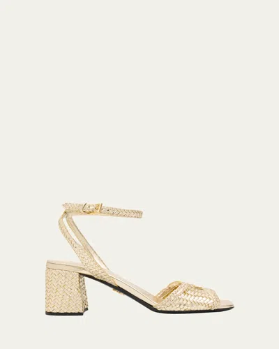 Prada 65mm Madras Woven Metallic Leather Ankle-strap Sandals In Animal Print