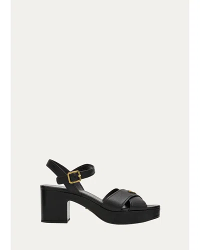 Prada 65mm Triangle Logo Crisscross Leather Platform Sandals In Black