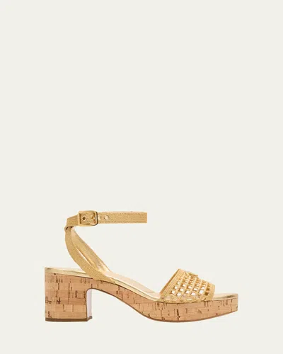 Prada 65mm Triangle Logo Crochet Platform Sandals In Gold