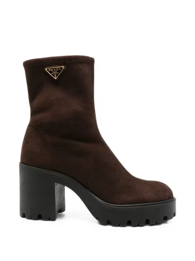 Prada 6cm Heel Brown Suede Ankle Boots With Logo