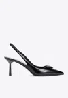 Prada Leather Pumps Glossy Finish Kitten Heel Pointed Toe In Black