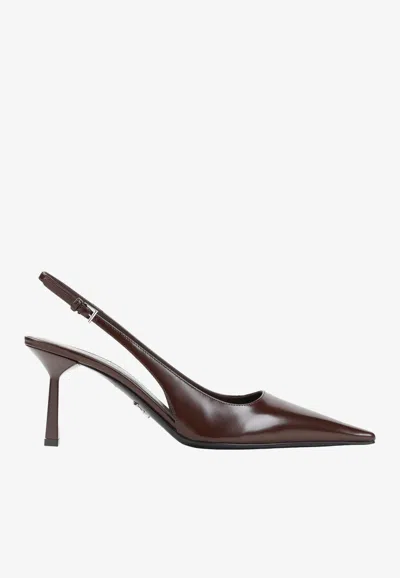 Prada 75 Leather Slingback Pointed Pumps In Brown