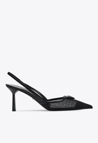 Prada 75 Logo Leather-trimmed Slingback Pumps In Black