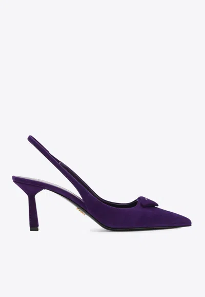 PRADA 75 TRIANGLE LOGO SLINGBACK SUEDE PUMPS