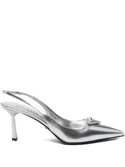 Pre-owned Prada 75mm Metallic Leather Slingback Pumps In Silver