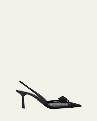 Prada 75mm Modellerie Bow Mesh Slingback Pumps In Black