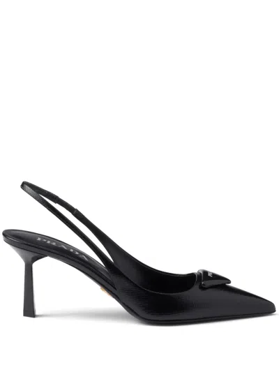 Prada 75mm Triangle-logo Leather Pumps In Black