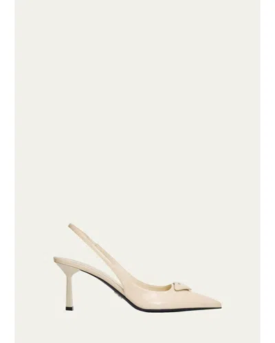 Prada 75mm Triangle Logo Leather Slingback Pumps In Neutral