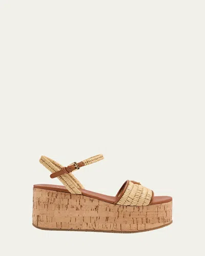 Prada 75mm Triangle Logo Raffia Platform Sandals In Brown