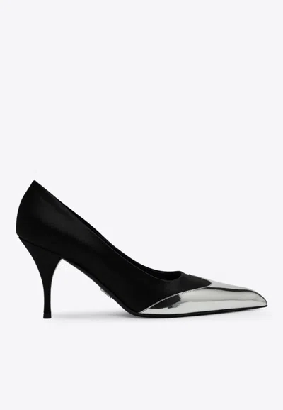 Prada 85 Metallic Cap-toe Pumps In Black
